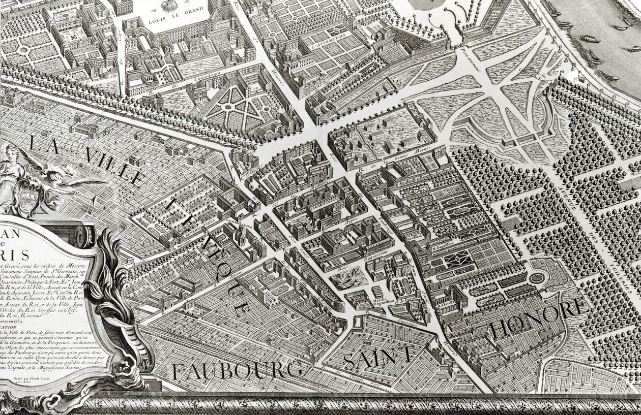 Plán Paříže, známý jako „Plan de Turgot“, vyrytý Claudem Lucasem, 1734-39 (detail) od Louis Bretez