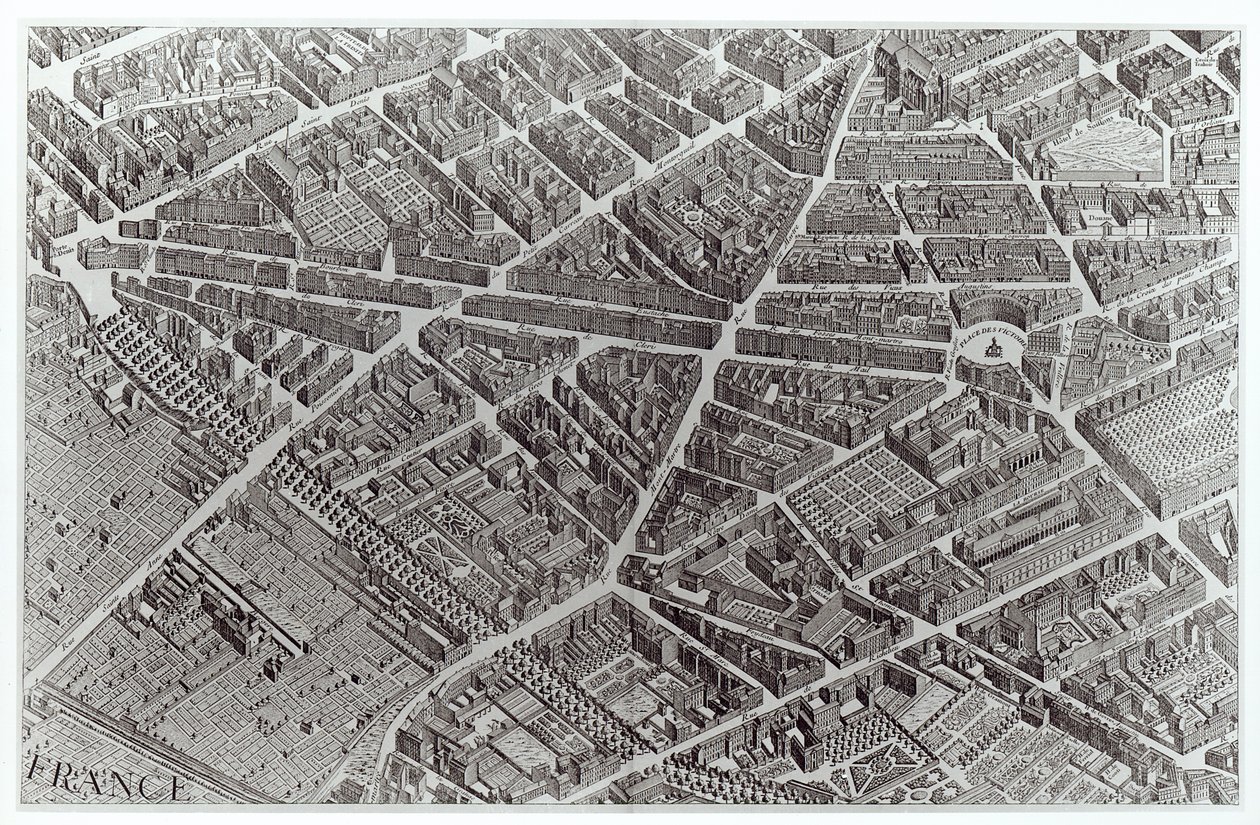 Plán Paříže, známý jako „Plan de Turgot“, vyrytý Claudem Lucasem, 1734-39 (detail) od Louis Bretez