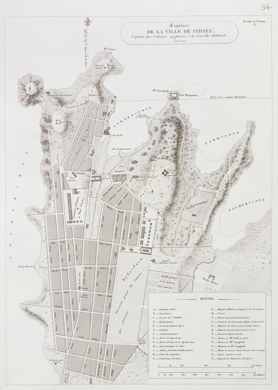 Plán města Sydney, z Voyage Autour du Monde (1817-20), publikoval 1822-24 od Louis Claude Desaulses de Freycinet