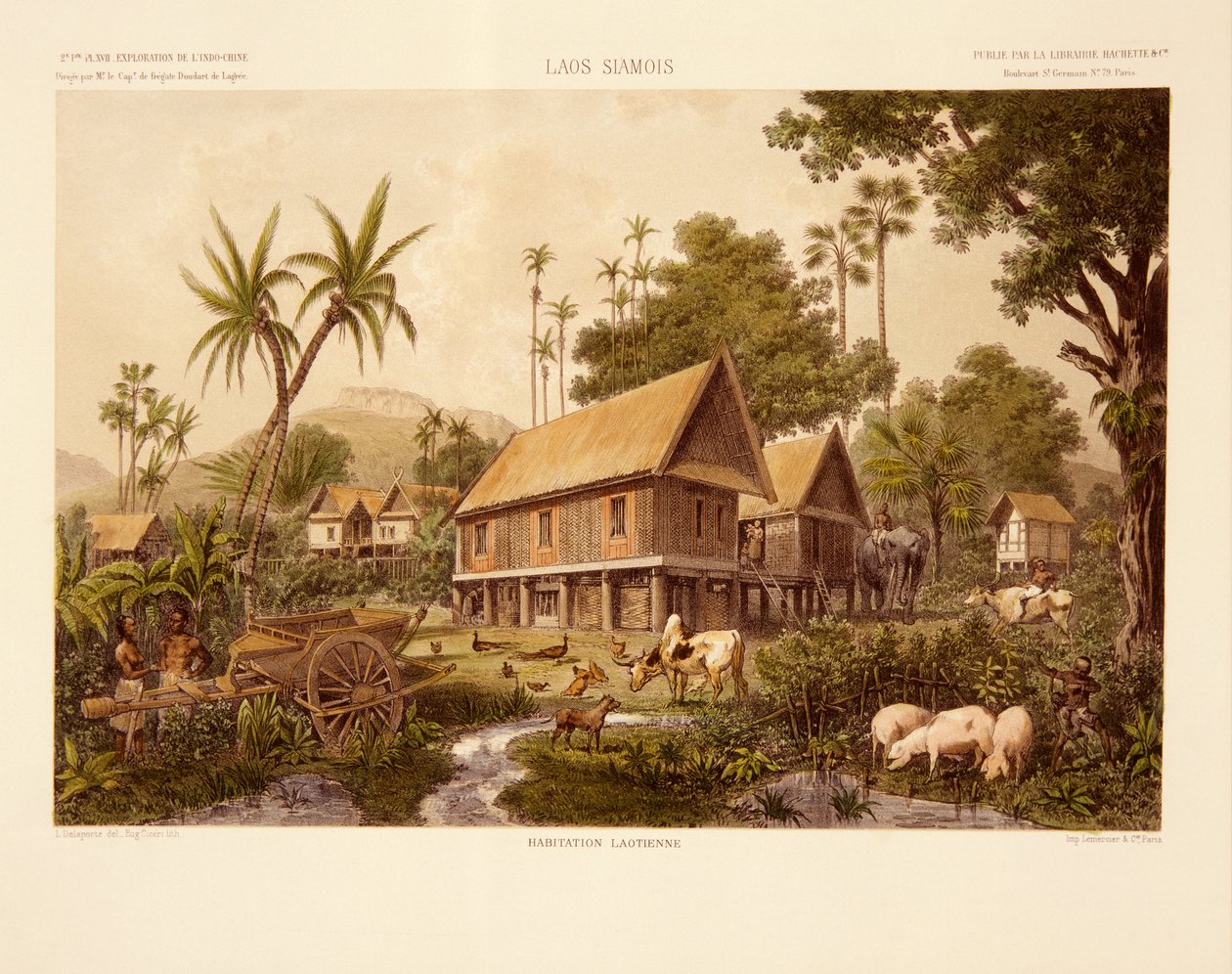 Laos House, tisk Eug. Ciceri, ilustrace z „Exploratory Voyage in Indo-China during years 1866, 1867 and 1868“ od Francise Garniera a Ernesta Doudarta de Lagree, vydáno 1873 (barva od Louis Delaporte