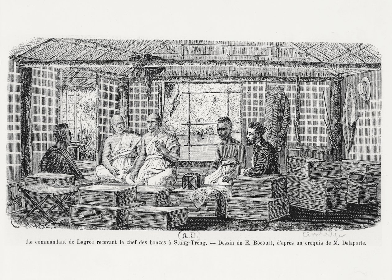 Velitel Lagree přijímá náčelníka mnichů v Stung Treng, Kambodža, 1868 od Louis Delaporte