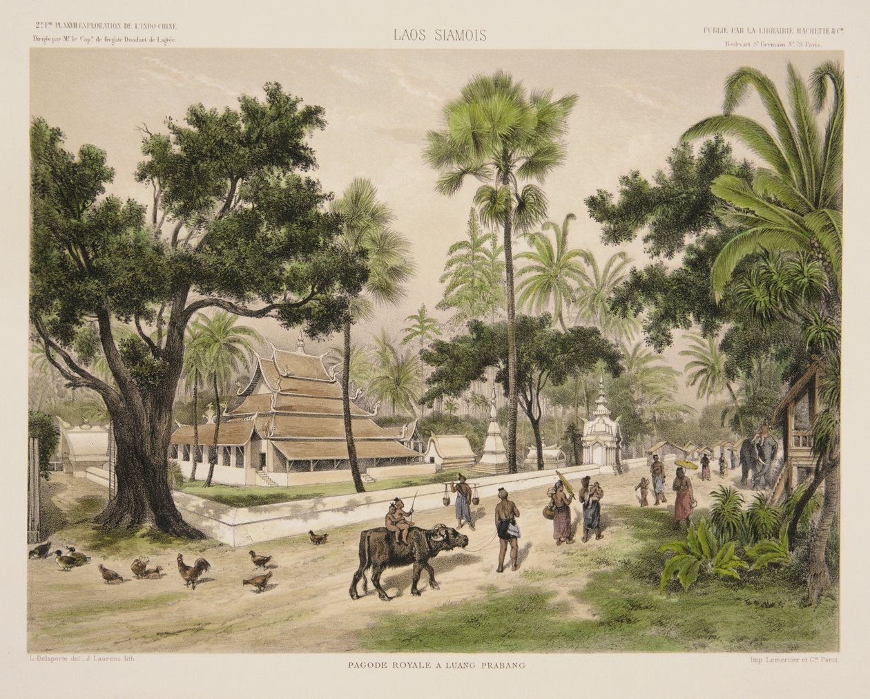 Královský chrám v Luang Prabang, tisk J. Laurens, ilustrace z „Exploratory Voyage in Indo-China during years 1866, 1867 and 1868“ od Francise Garniera a Ernesta Doudarta de Lagree, str. od Louis Delaporte