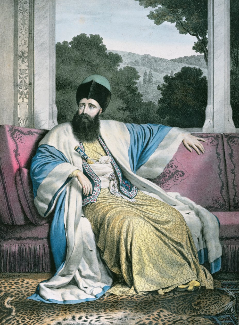 Michael Soutzo (Mihai Sutu), princ z Moldávie 1819-21, vyryl Lemercier pro „Voyage a Athenes et Constantinople“, napsal a ilustroval Dupre, 1828 od Louis Dupré