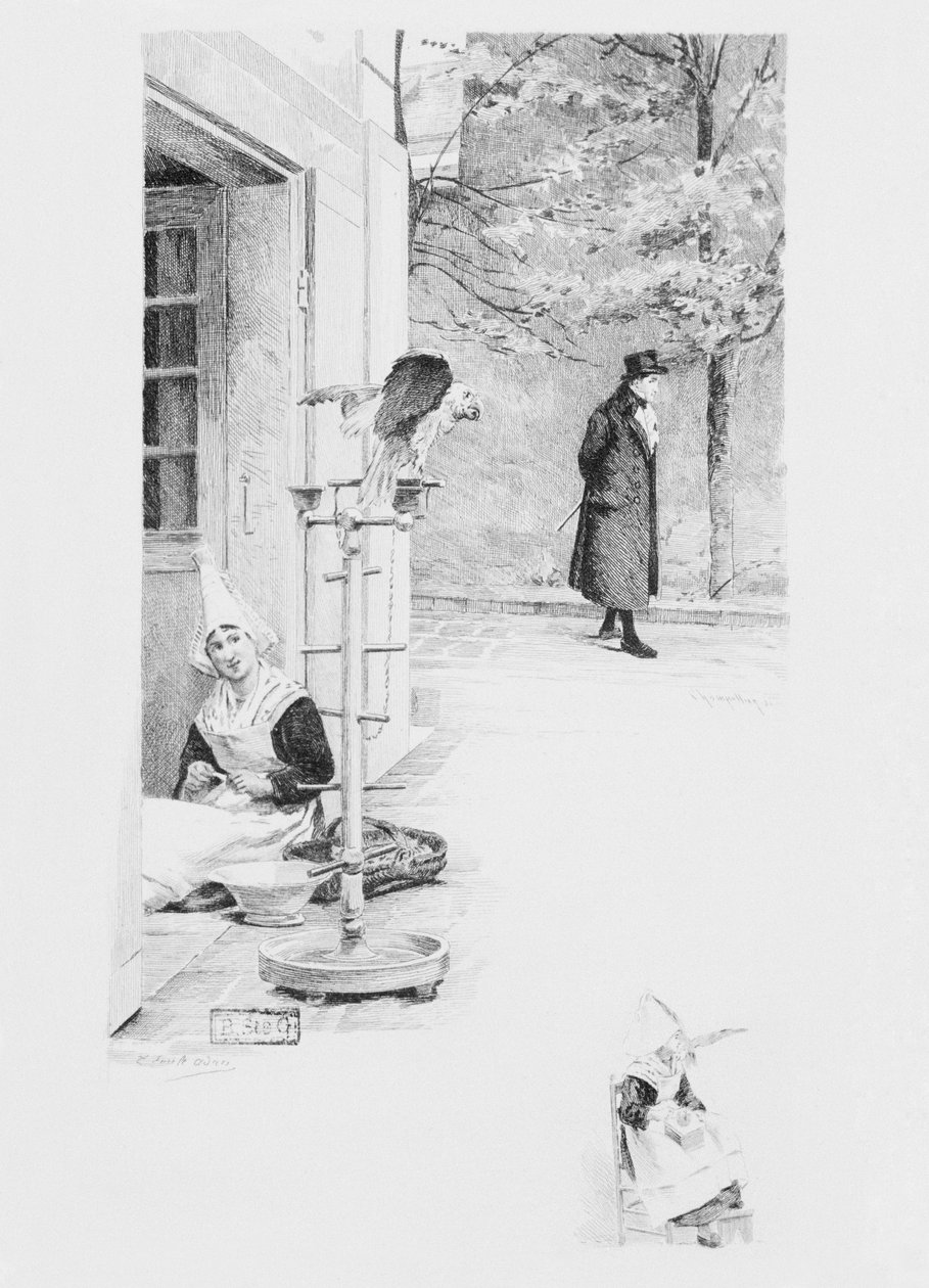 Služebná Felicite a papoušek Loulou, ilustrace z knihy "Un coeur simple" od Gustava Flauberta (1821-80), vydáno 1894, rytina Eugene Andre Champollion (1848-1901) Paříž, Libraire Editeur A od Louis Emile Adan