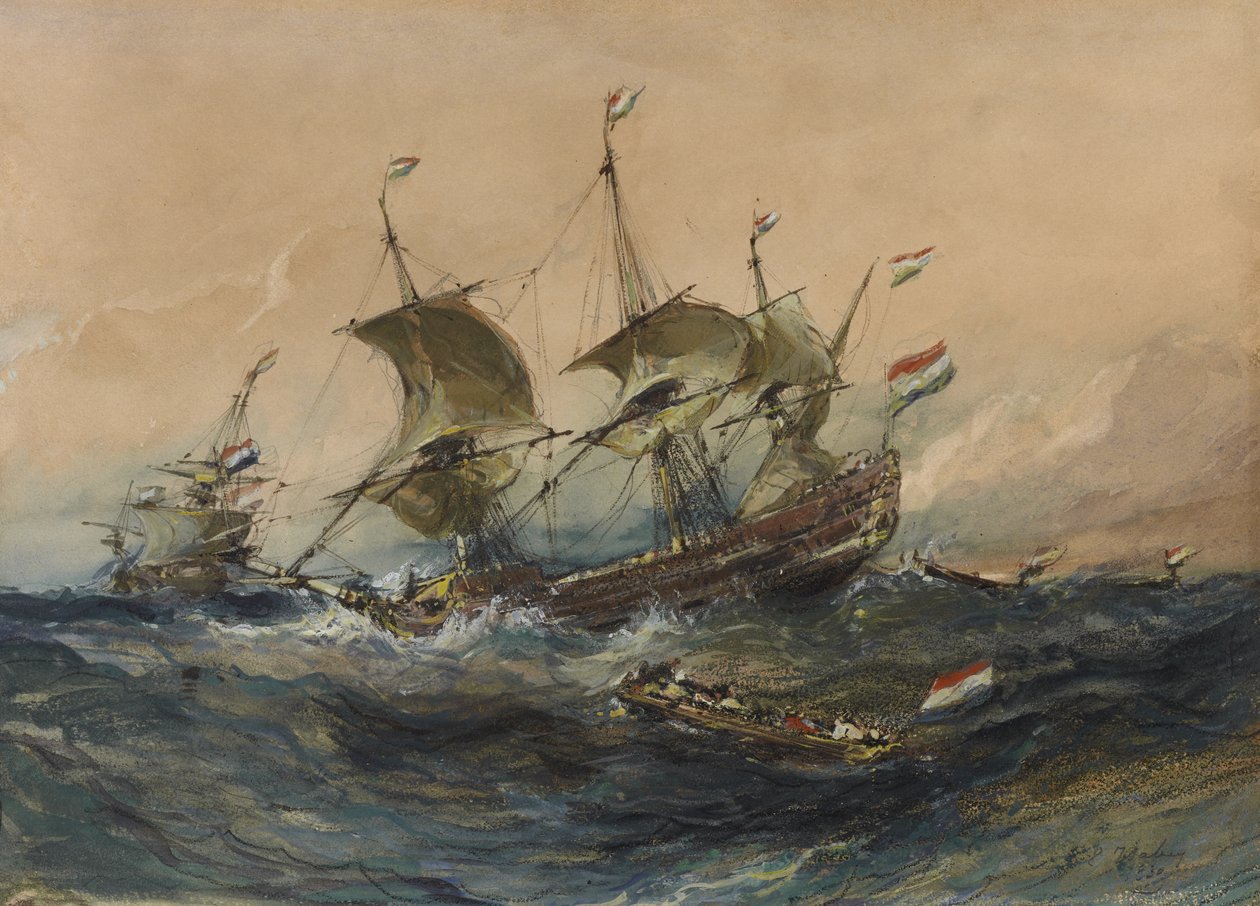 Holandské lodě v bouři, 1839 (wc a kvaš na tkaném papíře) od Eugene Isabey