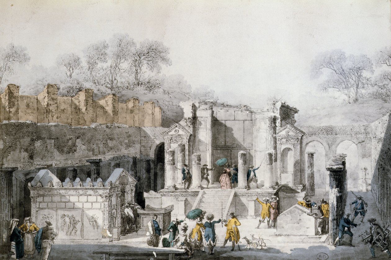 Turisté v chrámu Isis v ruinách Pompejí, 1779 (barevná rytina) od Louis Jean Desprez