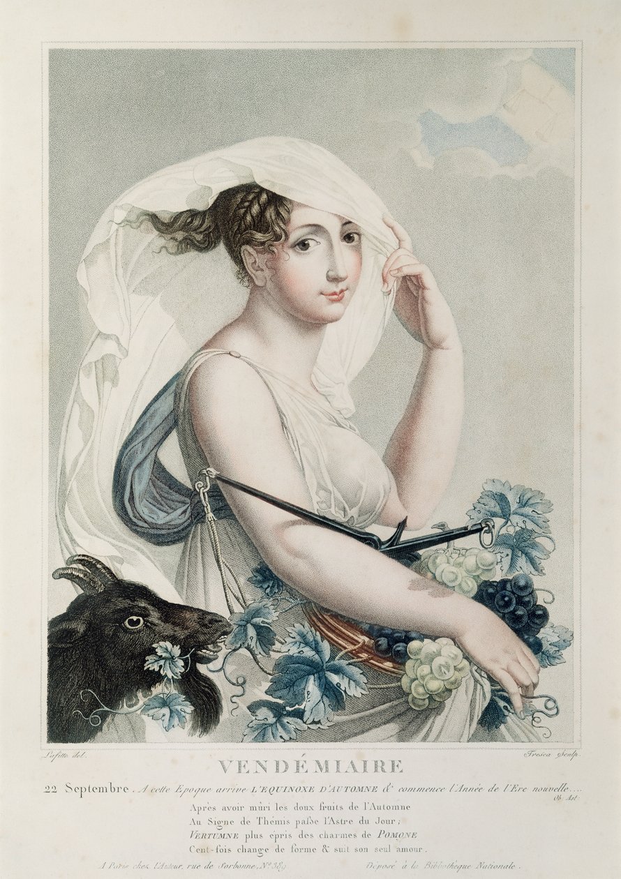 Vendemiaire (září říjen), první měsíc republikánského kalendáře, vyryl Tresca, kolem roku 1794 od Louis Lafitte