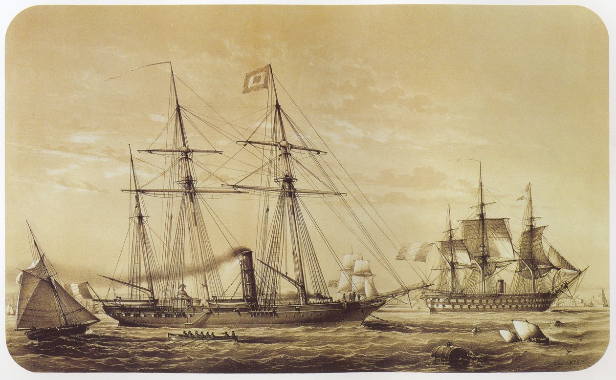 Reine Hortense, císařská jachta Napoleona III. V pozadí je vidět loď linie Austerlitz od Louis Le Breton