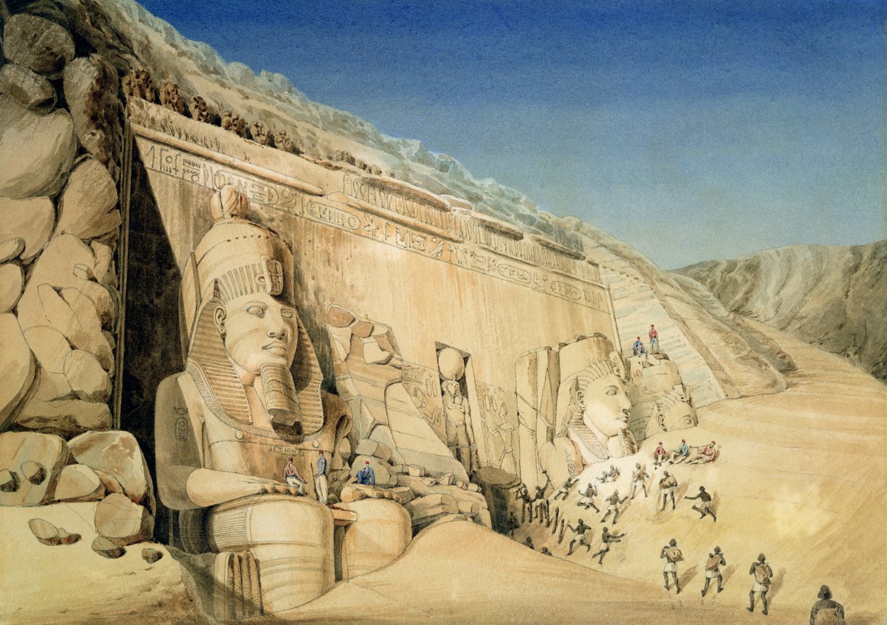 Výkop velkého chrámu Ramesse II, Abu Simbel (wc na papíře) od Louis M.A. Linant de Bellefonds