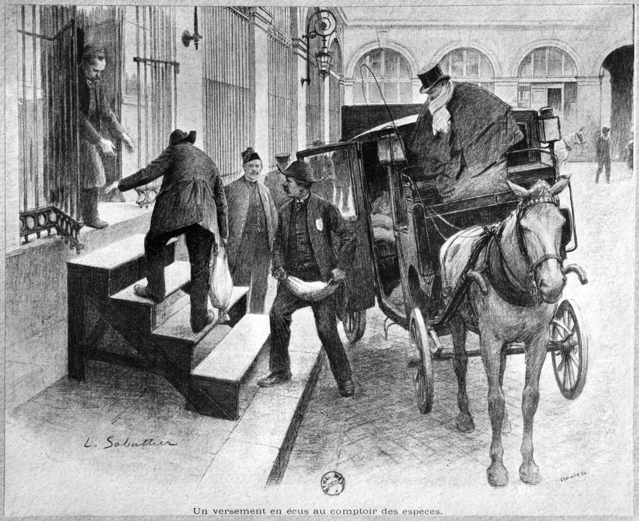 Záloha korun na pokladně, rytina Chaivire (19. století) 1897 od Louis Remy Sabattier