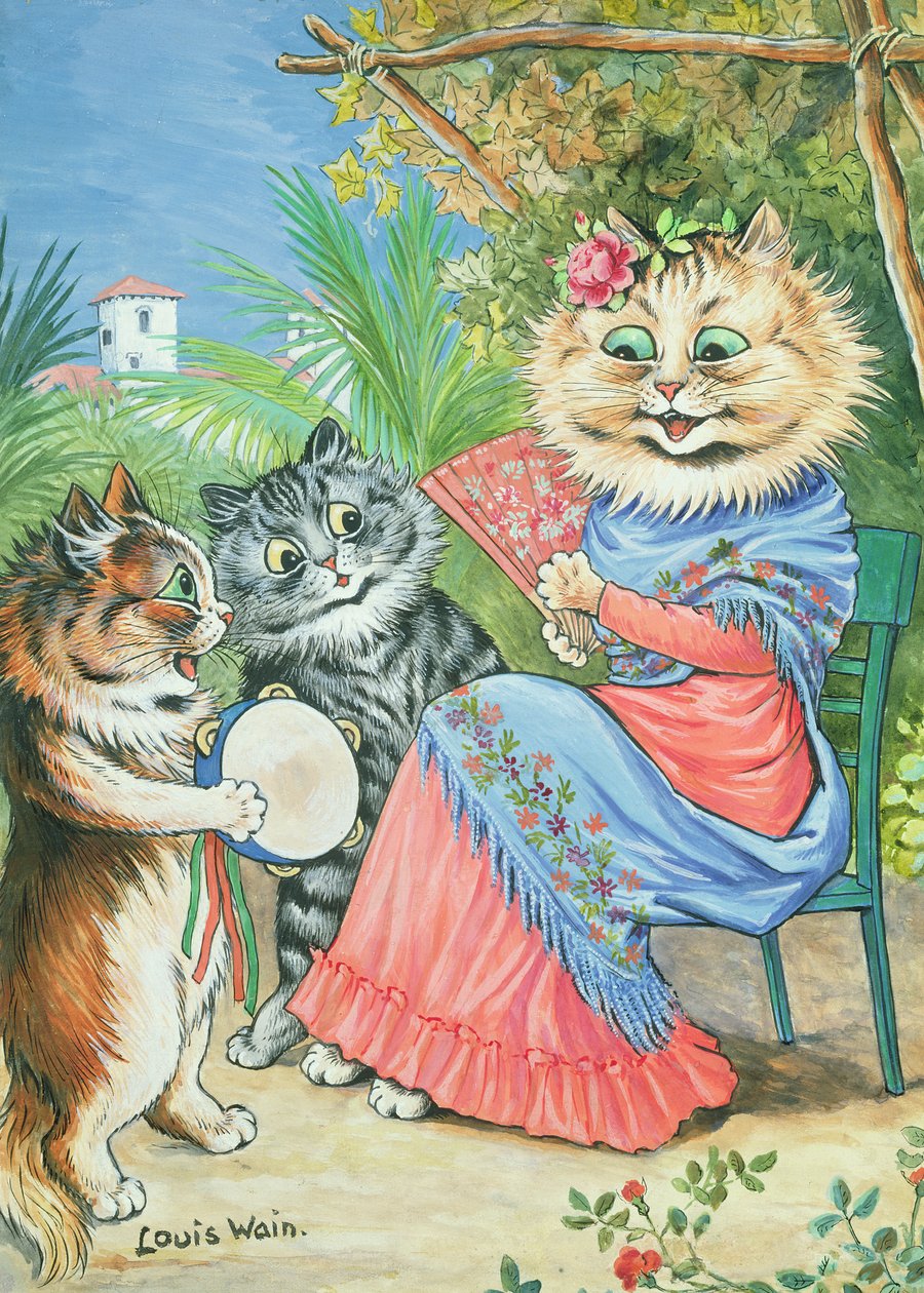 Matka kočka s ventilátorem a dvěma koťaty od Louis Wain