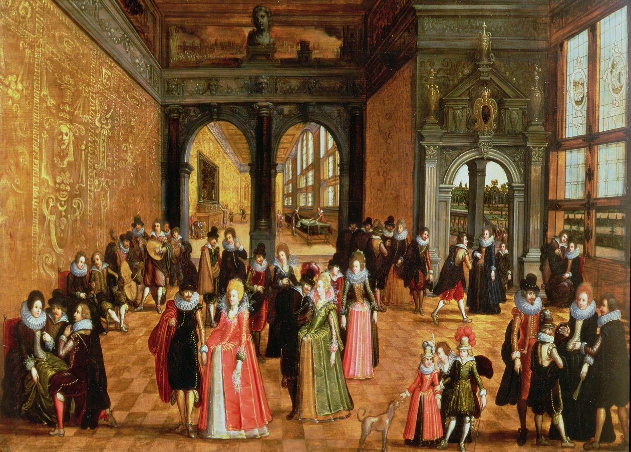 Interiér paláce s dámami a pány, kteří tančí a hrají hudbu od Louis de Caullery