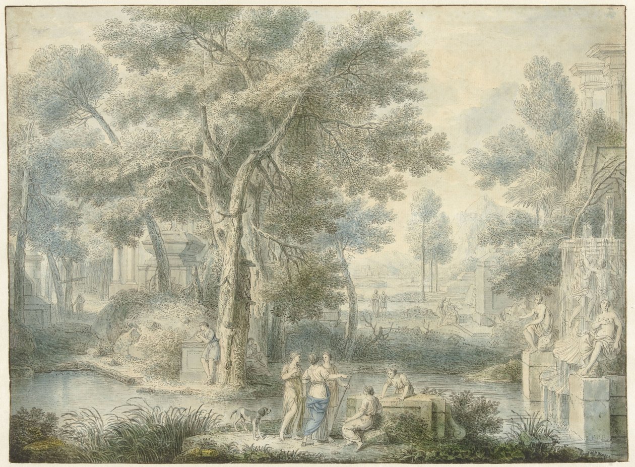 Arkádská krajina s fontánou vpravo od Louis Fabritius Dubourg