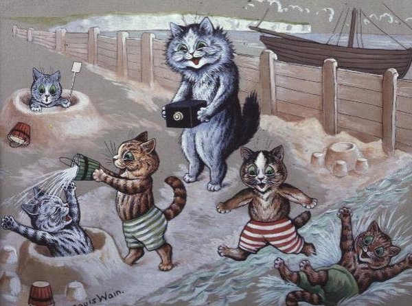 Kočky koupání v moři od Louis Wain