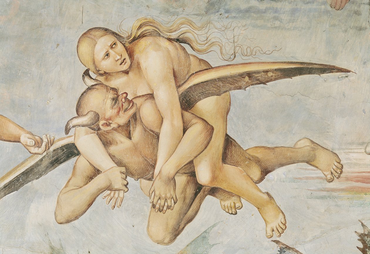 Jedna ze zatracených jízd na ďáblovi, z Posledního soudu (detail) od Luca Signorelli