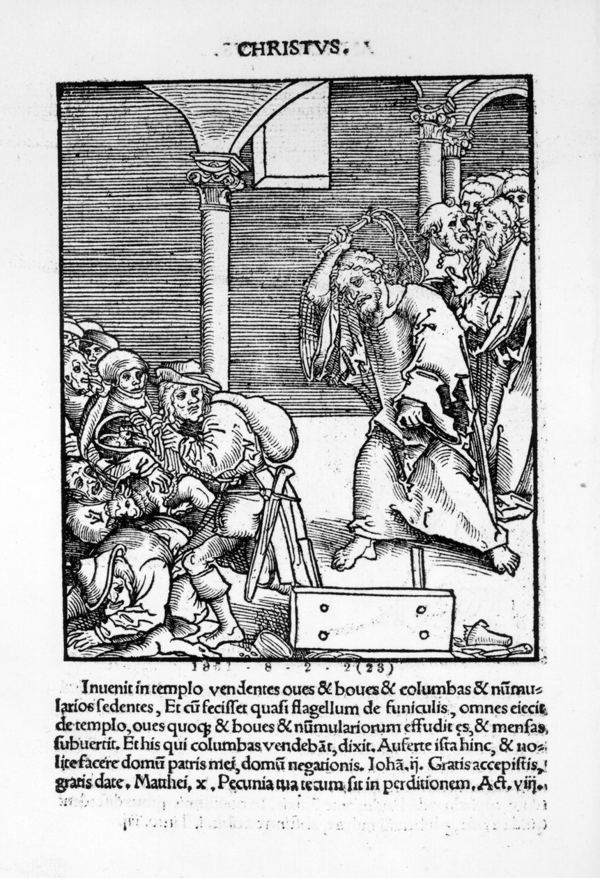 Kristus vyhání obchodníky a půjčovatele peněz z chrámu z knihy „Passional Christi und Antichristi“ od Philippa Melanchthona, vydané v roce 1521 od Lucas Cranach the Elder