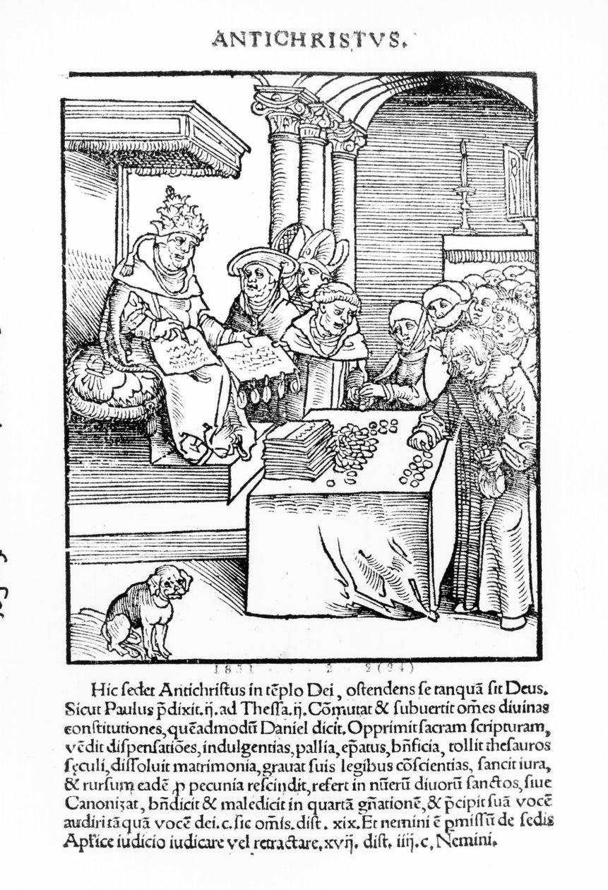 Papež prodávající odpustky z knihy „Passional Christi und Antichristi“ od Philippa Melanchthona, vydané v roce 1521 od Lucas Cranach the Elder