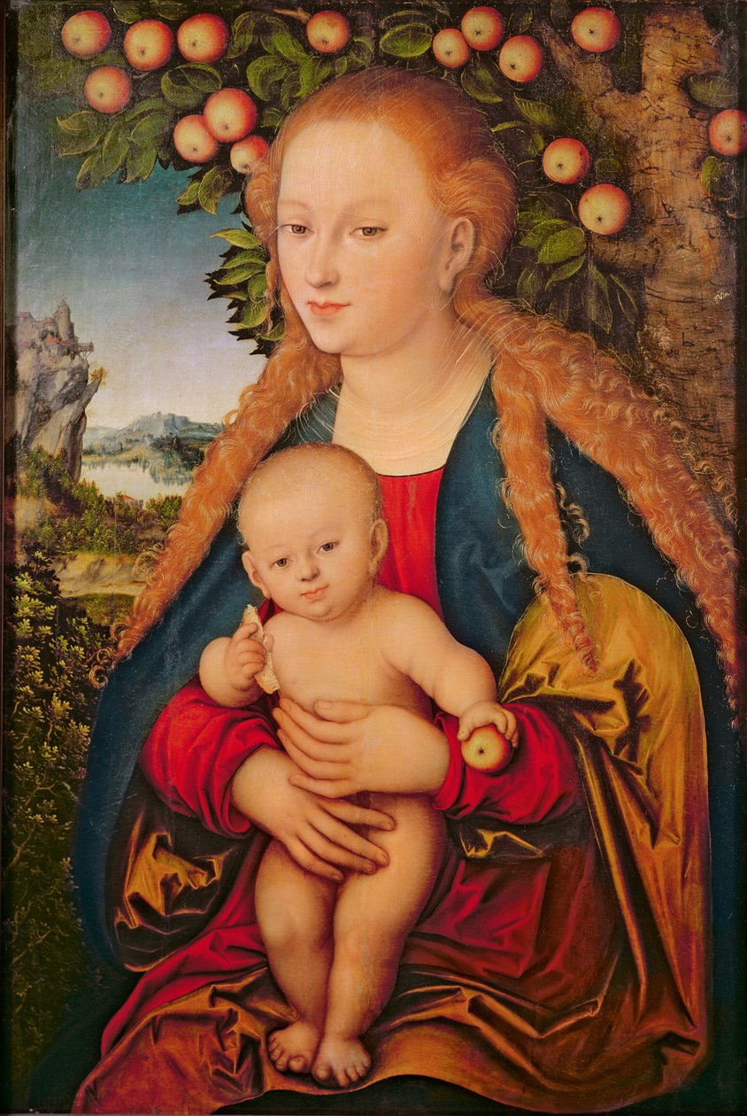Panna a dítě pod jabloní, 1520-26 (olej na plátně přeneseno z p tr om anel)) 99 : Ježíš Kristus; dítě; klín; jablka; krajina; Pozadí; symbolismus; Předvečer; hřích; symbolický; kojenec; rur od Lucas Cranach the Elder