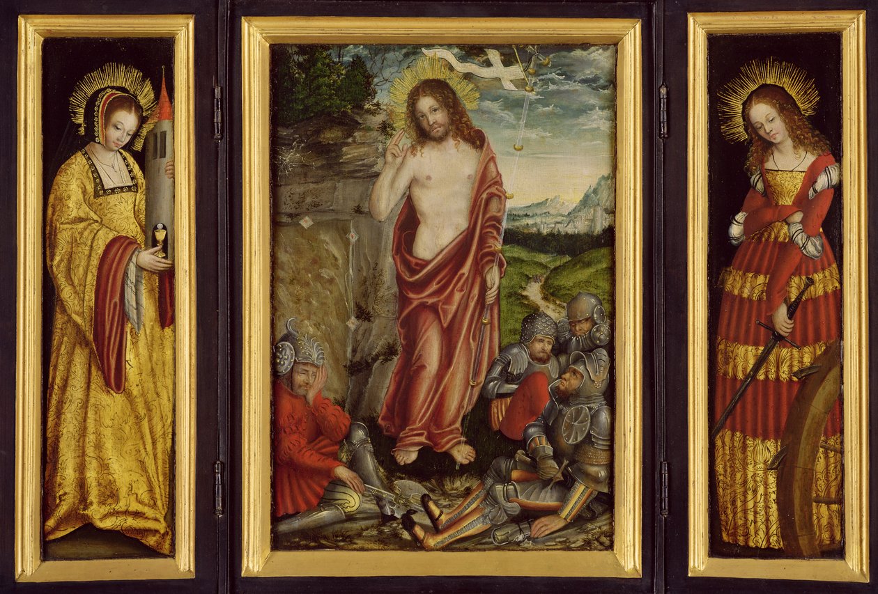 Malý křídlový oltář se Vzkříšením Krista sv. Barbory (levé křídlo) a sv. Kataríny (pravé křídlo), 1508-10 od Lucas Cranach the Elder