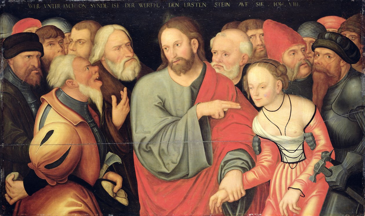 Kristus a cizoložnice od Lucas the Younger studio of Cranach