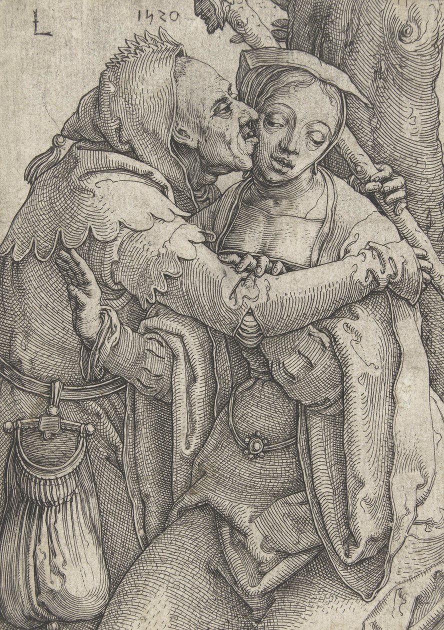 Šašek a mladá žena, 1520 od Lucas van Leyden