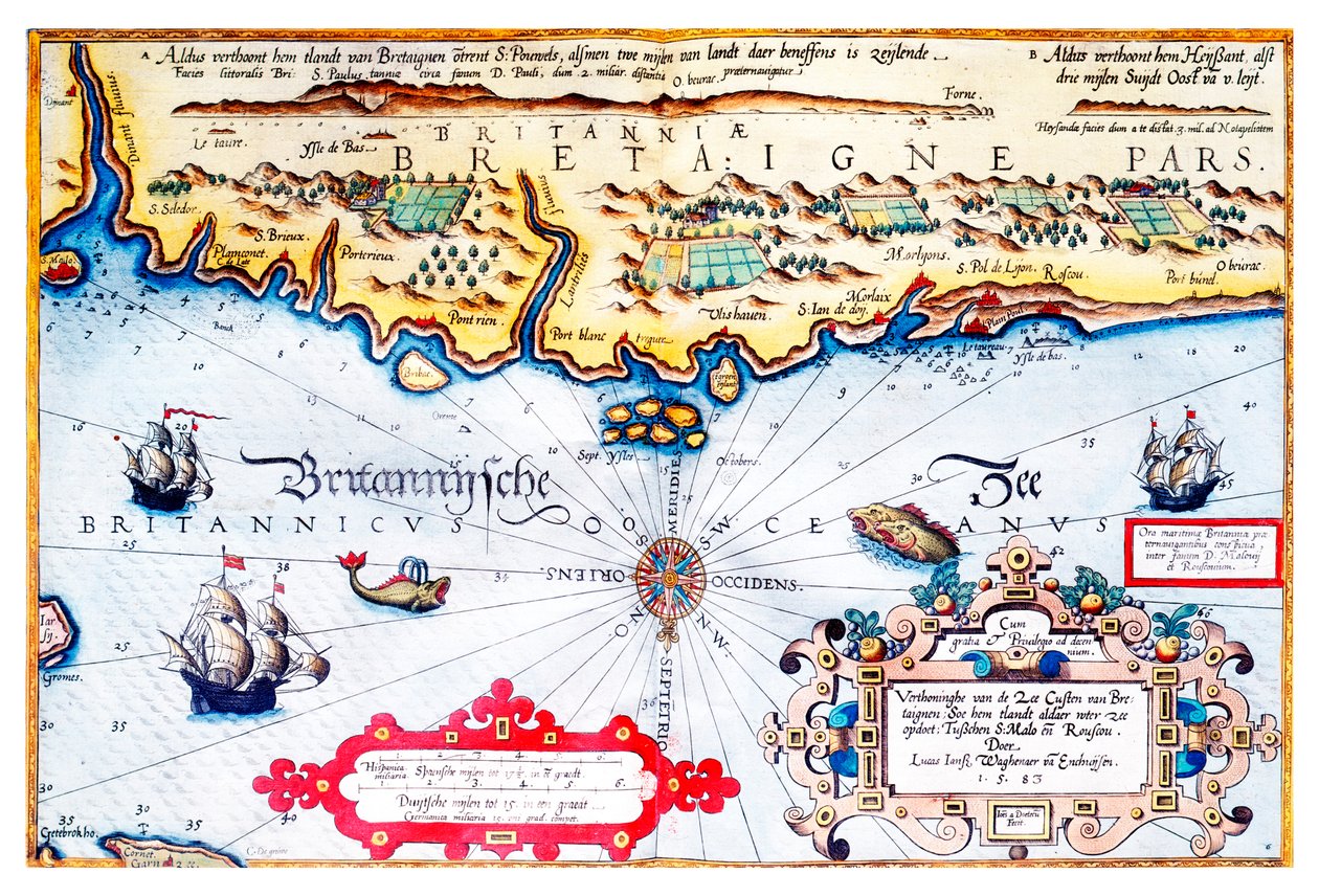 Navigační mapa pobřeží Bretaně od Lucas Janszoon Waghenaer