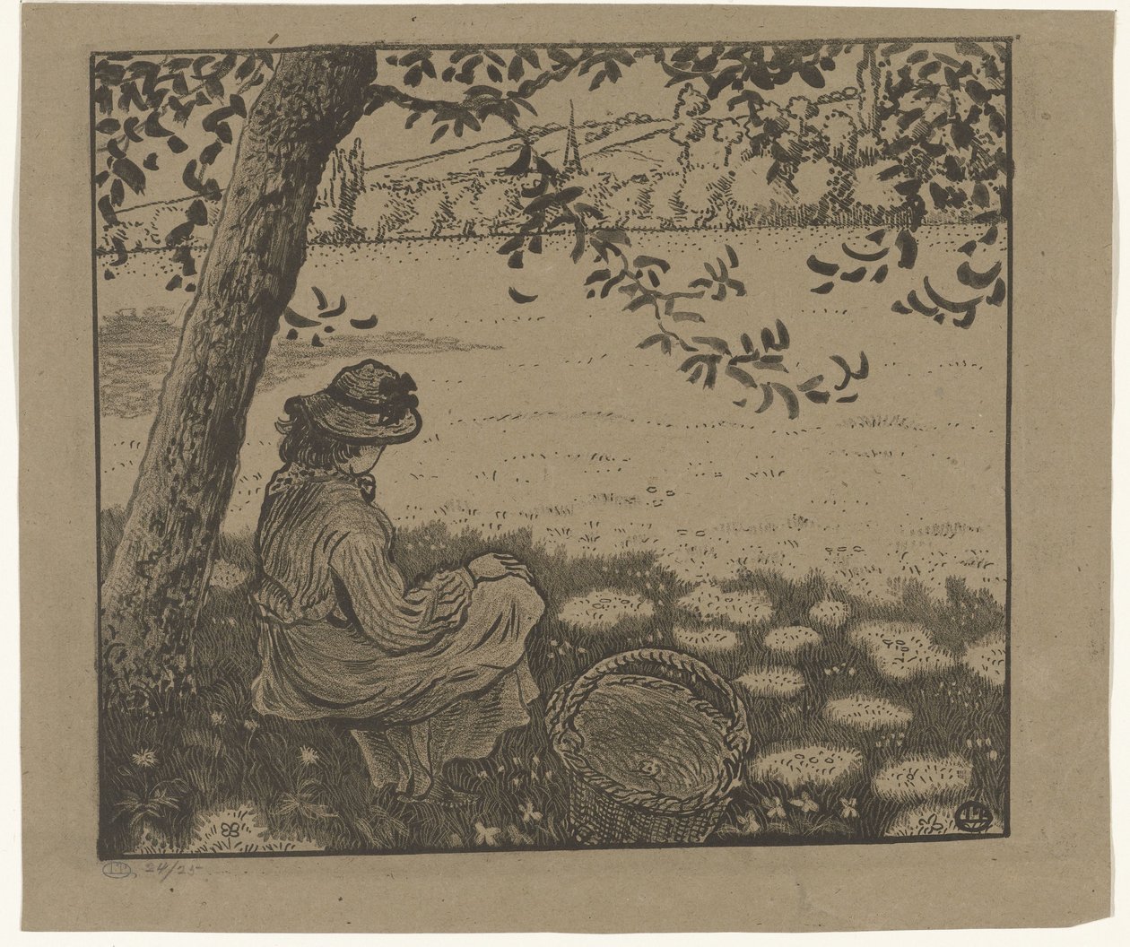 Dívka pod stromem na louce od Lucien Pissarro