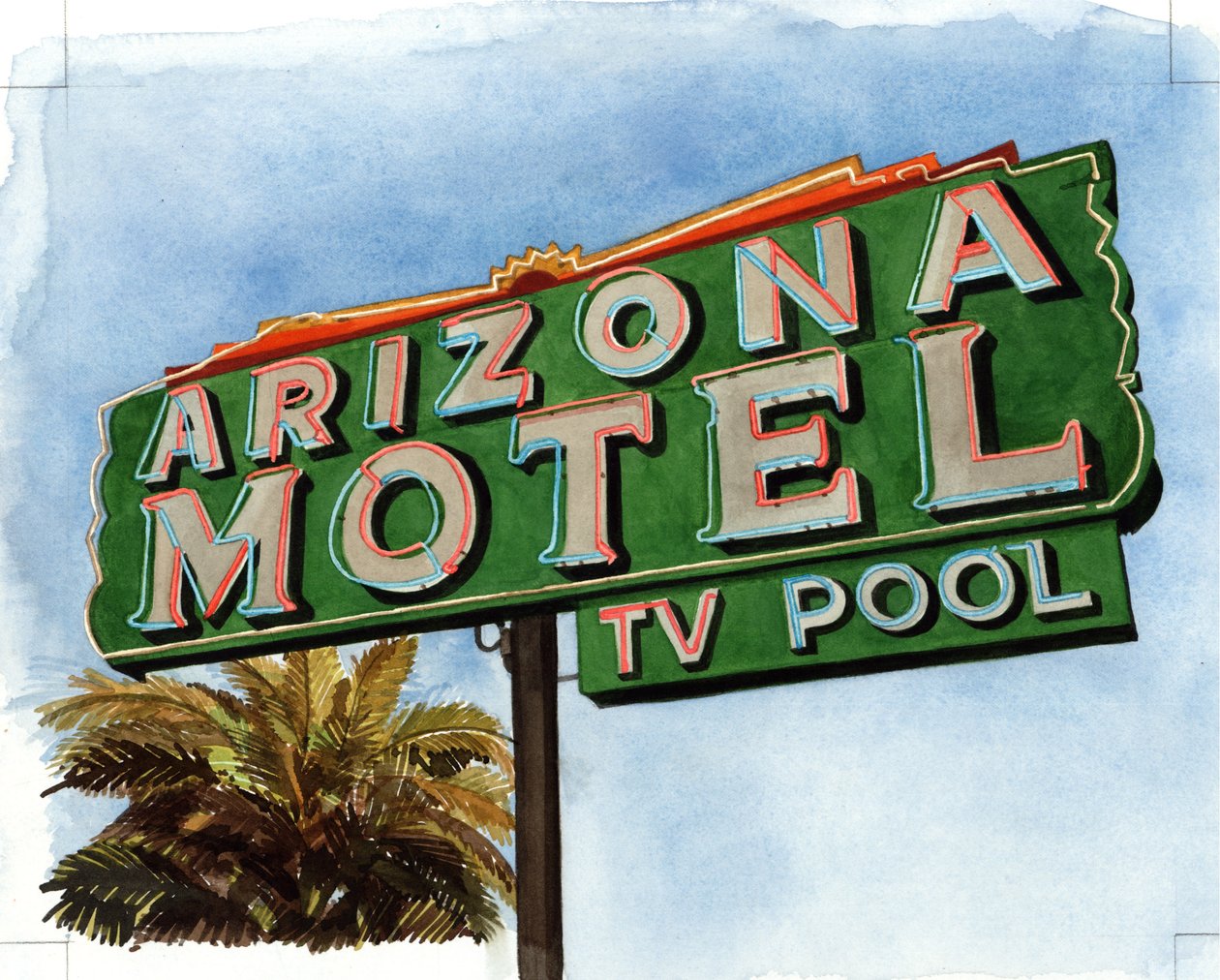 Arizona Motel na 6th Avenue, 2004 (wc na papíře) od Lucy Masterman