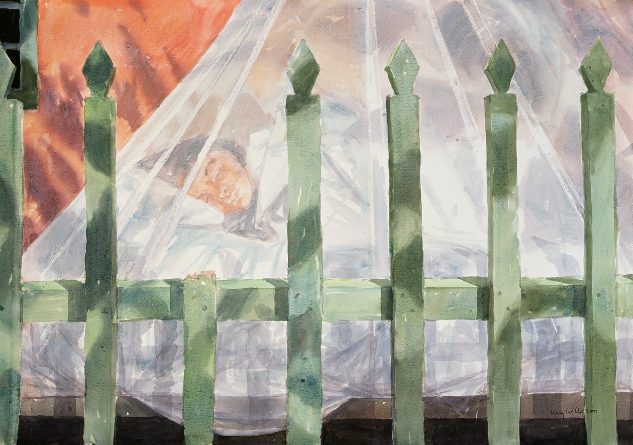 Spaní v zahradě, Řecko I, 2001 (wc na papíře) od Lucy Willis