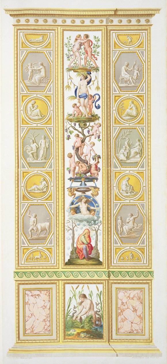 Panel z Raphael Loggia ve Vatikánu, z „Delle Loggie di Rafaele nel Vaticano“, rytý Giovanni Volpato (1735-1803), 1775, publikováno kolem 1775-77 (ručně kolorovaná rytina) (viz také 17645 od Ludovicus Tesio Taurinensis