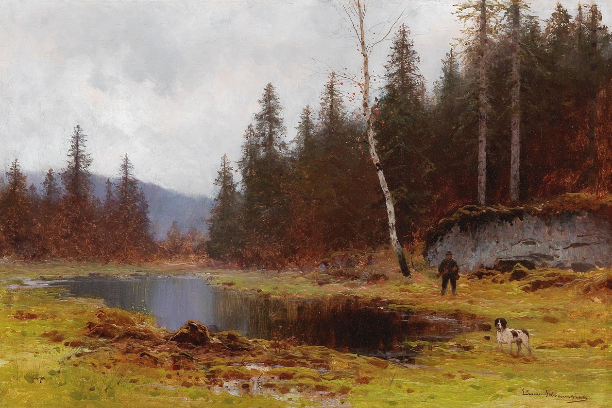 Lovec u rybníka od Ludvig Skramstad