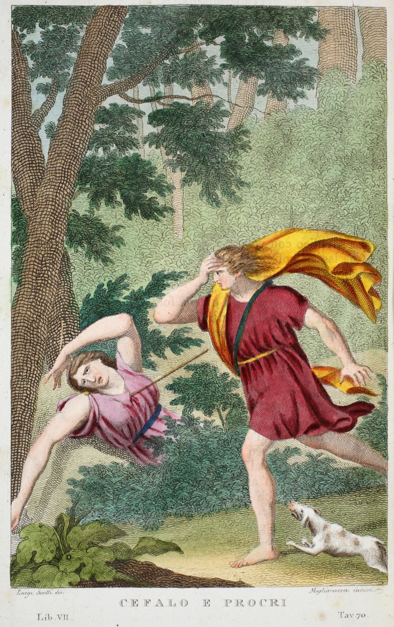 Cephalus a Procris neboli Cefalo e Procri, kniha VII, ilustrace z Ovidiových Metamorfóz, Florencie, 1832 (ručně kolorovaná rytina) od Luigi Ademollo