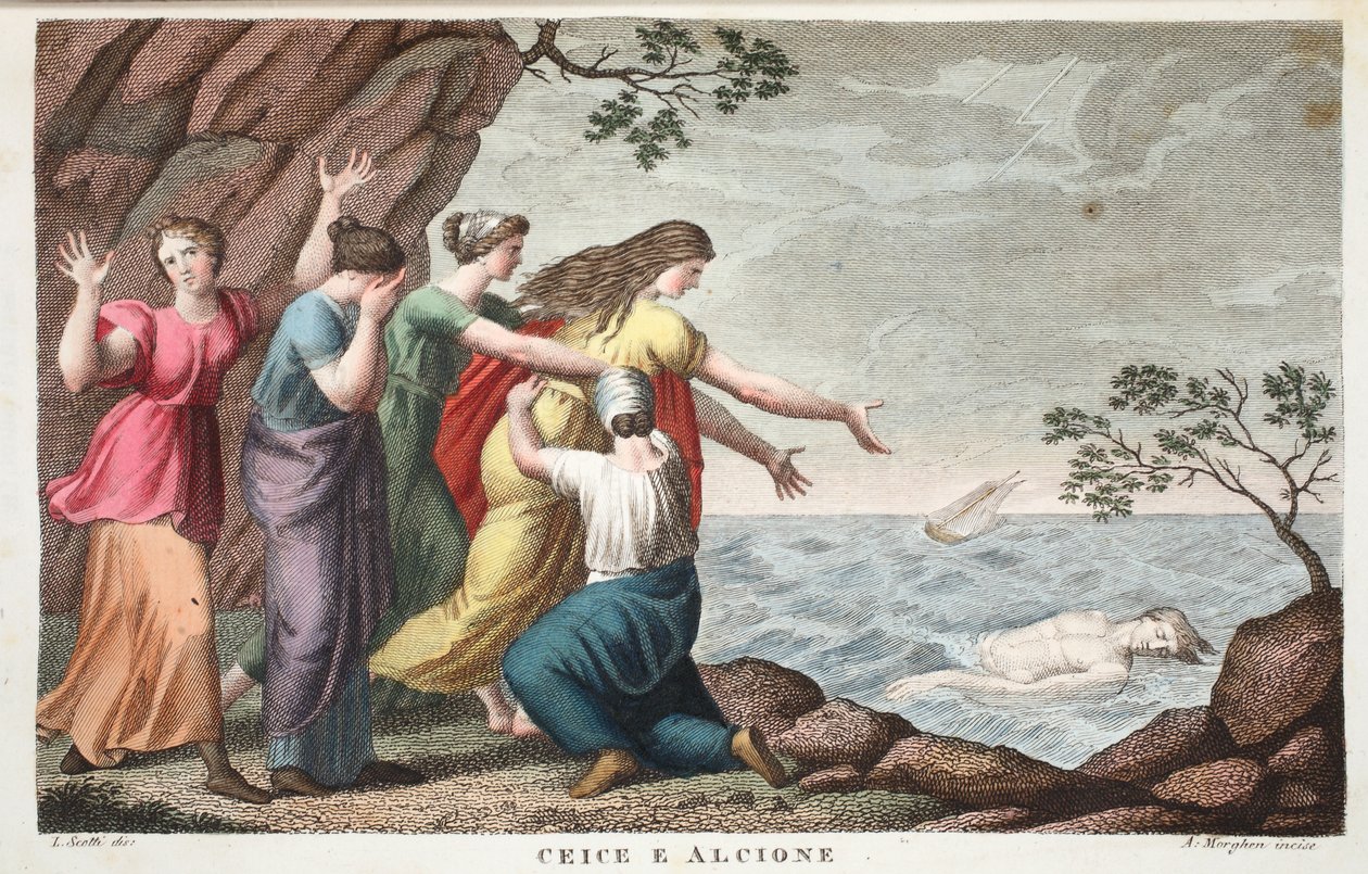Ceyx a Alcyone nebo Ceice e Alcione, kniha XI, ilustrace z Ovidiových metamorfóz, Florencie, 1832 (ručně kolorovaná rytina) od Luigi Ademollo