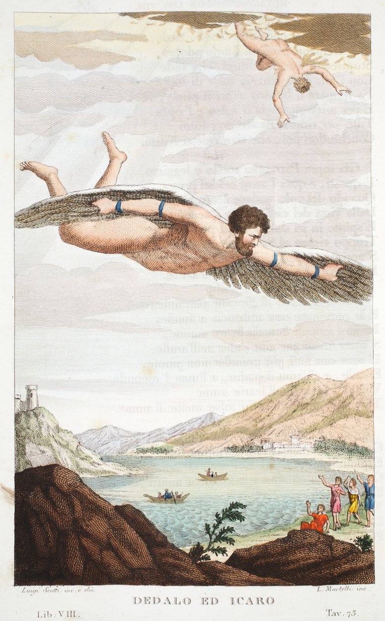 Daidalos a Ikarus nebo Dedalo ed Icaro, kniha VIII, ilustrace z Ovidiových Metamorfóz, Florencie, 1832 (ručně kolorovaná rytina) od Luigi Ademollo