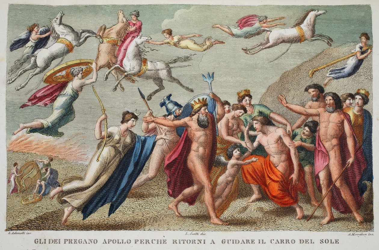 Digruntled Apollo odmítá řídit nebo Gli Dei Pregano Apollo Perche ritorni a guidare il carro del sole, ilustrace z Ovidiových Metamorfóz, Florencie, 1832 (ručně kolorovaná rytina) od Luigi Ademollo