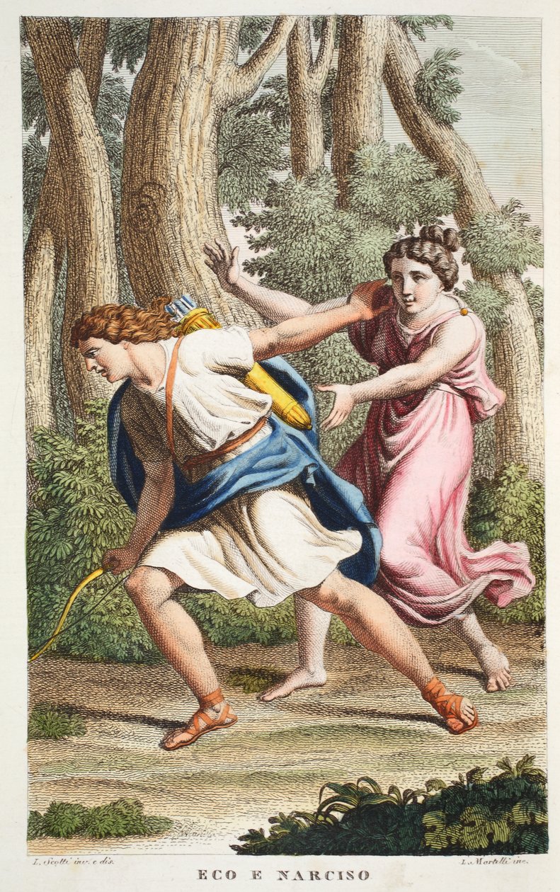 Echo a Narcis nebo Eco e Narciso, kniha III, ilustrace z Ovidiových Metamorfóz, Florencie, 1832 (ručně kolorovaná rytina) od Luigi Ademollo