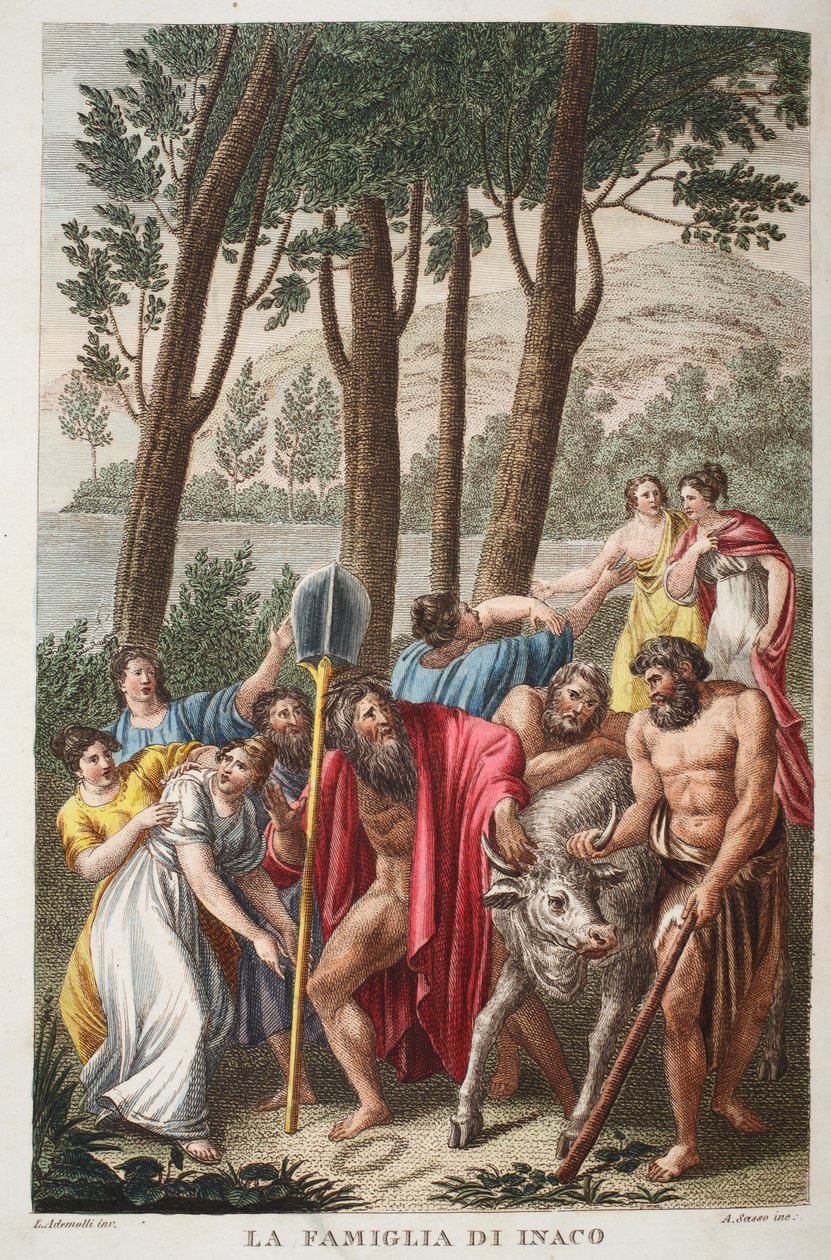 Inachus beaved nebo La Famiglia di Inaco, Kniha I, ilustrace z Ovidiových Metamorfóz, Florencie, 1832 (ručně kolorovaná rytina) od Luigi Ademollo