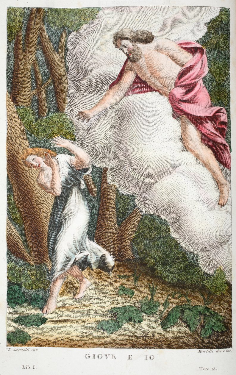 Jove in love with Io or Giove e Io, Book I, ilustrace z Ovidiových Metamorphoses, Florencie, 1832 (ručně kolorovaná rytina) od Luigi Ademollo