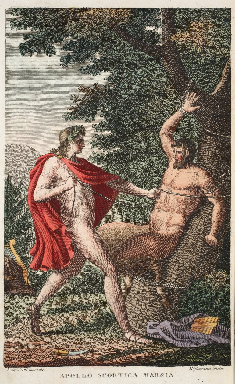 Marsyas is downloaded by Apollo or Apollo Scortica Marsia, Book VI, illustration from Ovid
