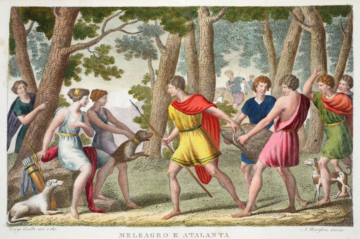 Meleager a Atlanta neboli Meleagro e Atalanta, kniha VIII, ilustrace z Ovidiových Metamorfóz, Florencie, 1832 (ručně kolorovaná rytina) od Luigi Ademollo