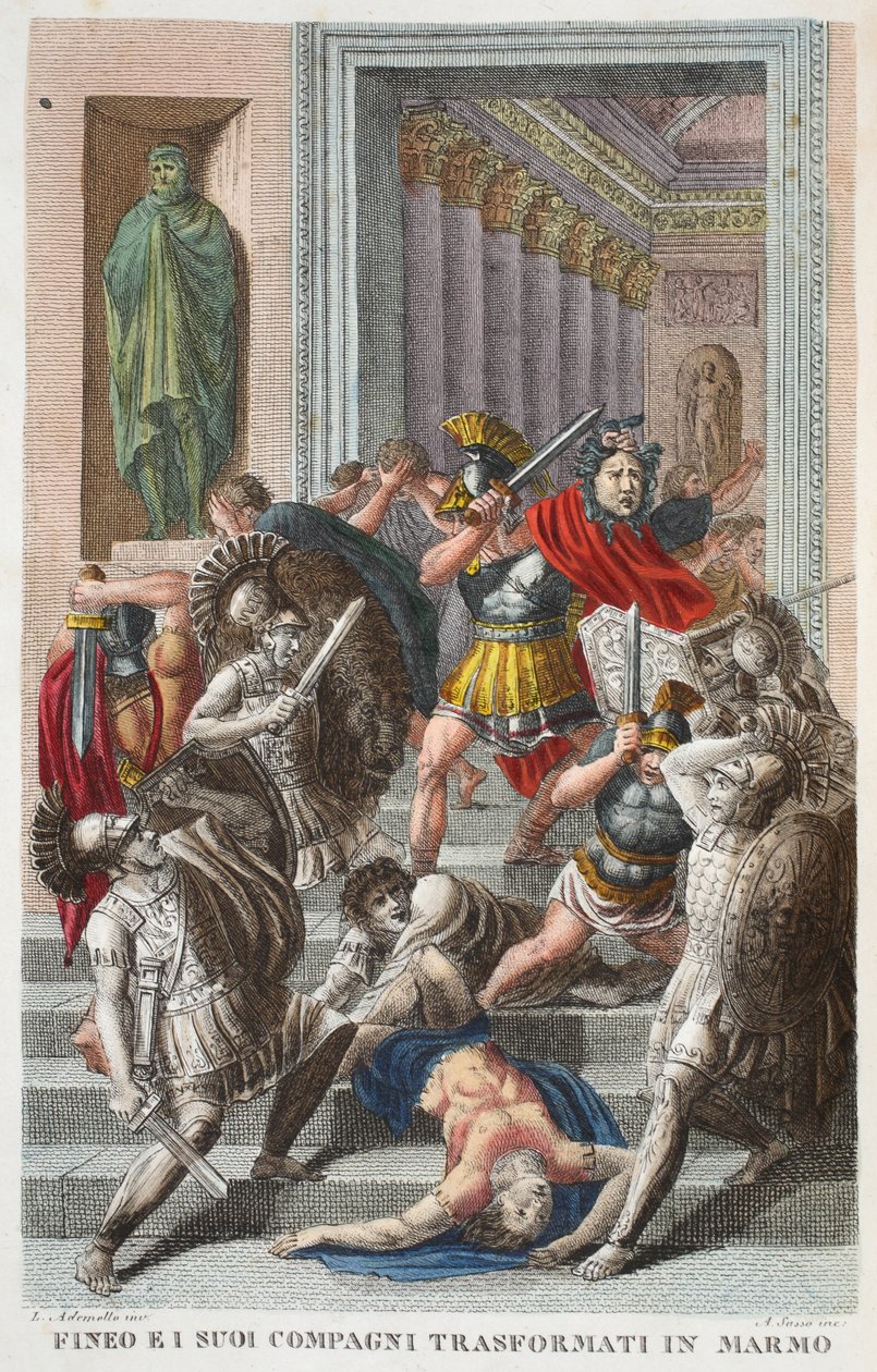Phineus and Friends into Stone or Fineo ei suoi Compagni Transformati in Marmo, kniha V, ilustrace z Ovidiových Metamorfóz, Florencie, 1832 (ručně kolorovaná rytina) od Luigi Ademollo