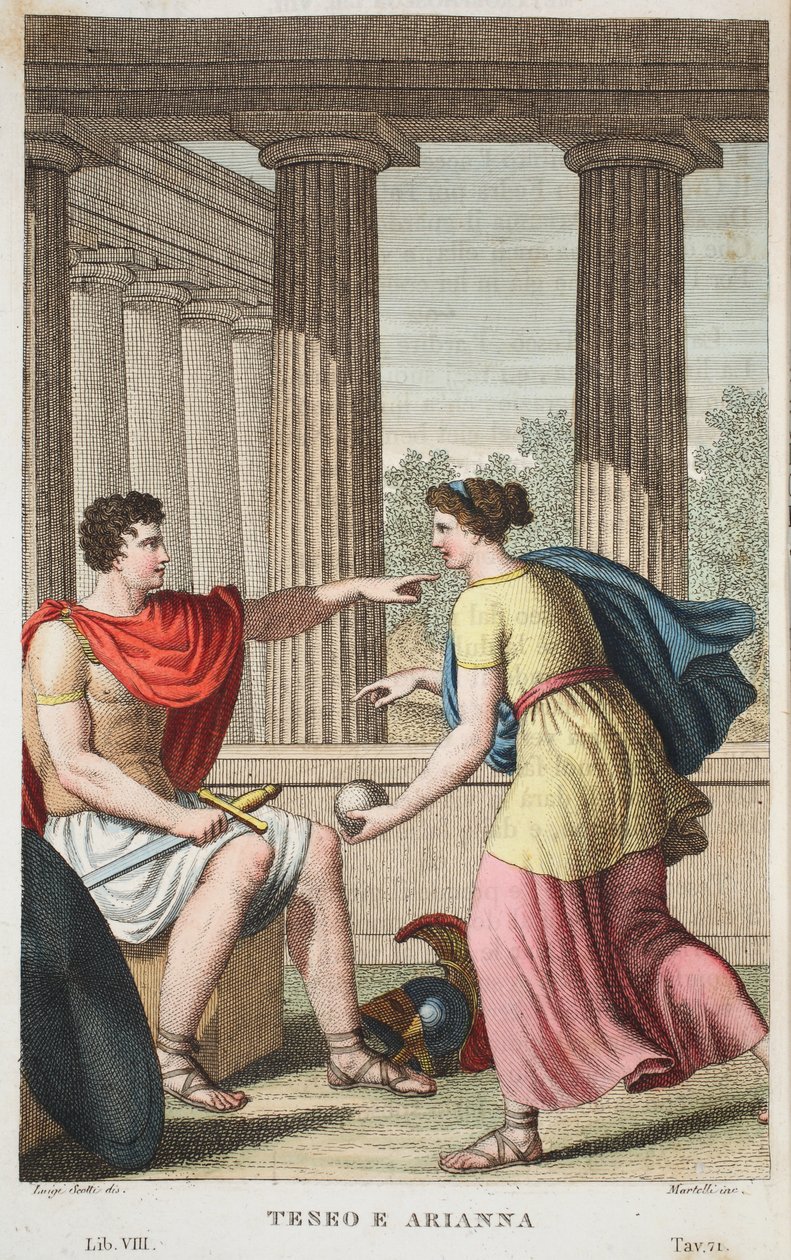 Theseus a Ariadne nebo Terro e Arianna, kniha VIII, ilustrace z Ovidiových metamorfóz, Florencie, 1832 (ručně kolorovaná rytina) od Luigi Ademollo