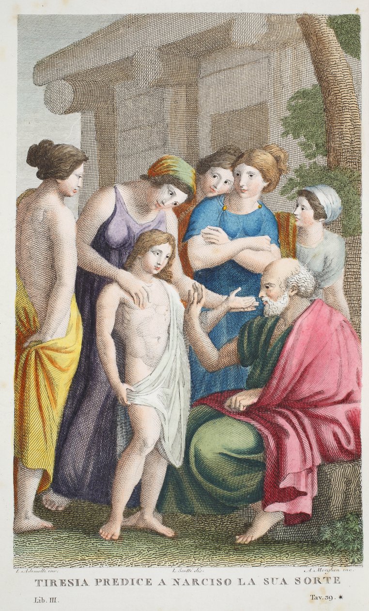 Tiresias Prophecies nebo Tirrenia predice a Narciso la sua sorte, Book III, ilustrace z Ovidiových Metamorphoses, Florencie, 1832 (ručně kolorovaná rytina) od Luigi Ademollo