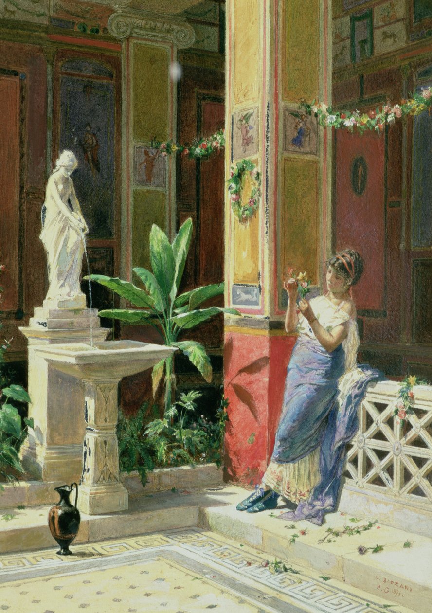 Na nádvoří v Pompejích, 1878 (tužka a wc na papíře) od Luigi Bazzani
