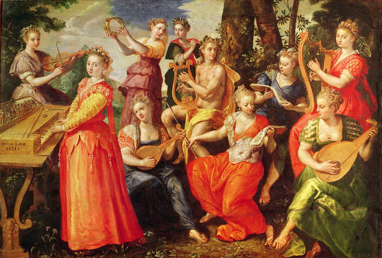 Apollo a múzy (olej na dřevě) od Maarten de Vos