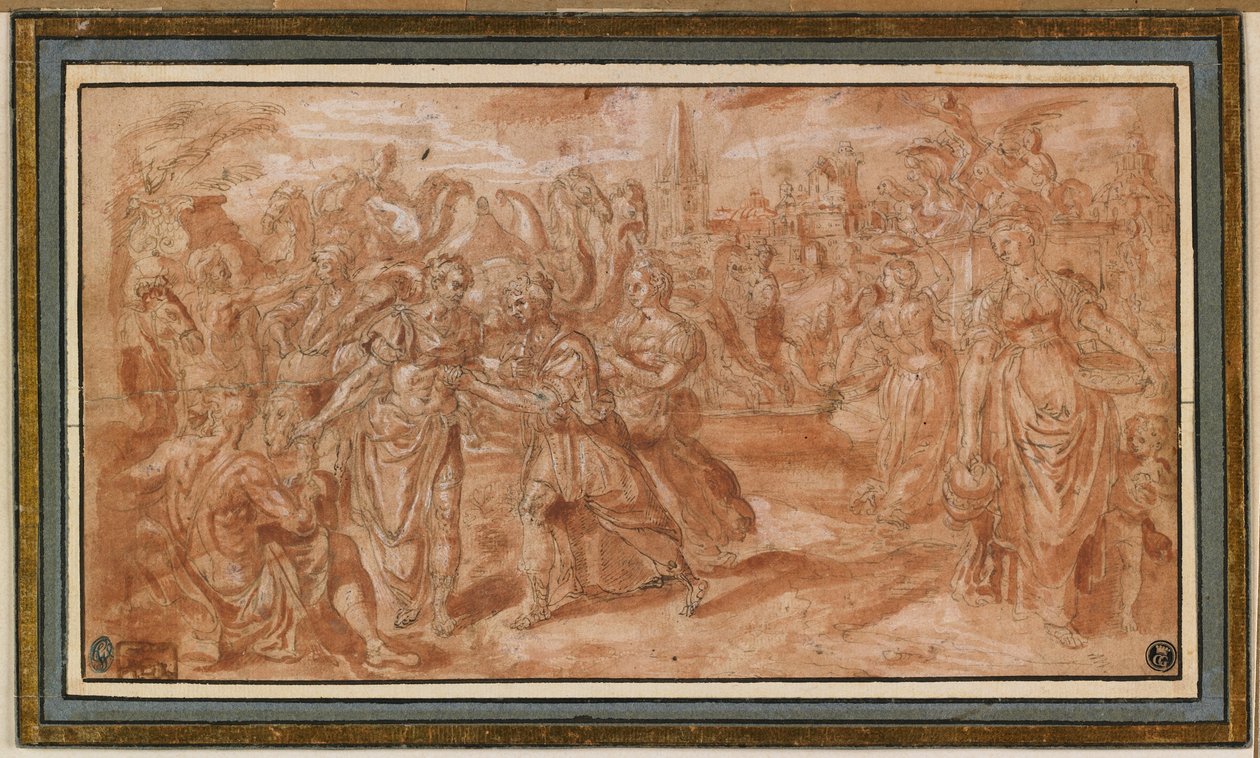 Laban a Rebeka přijímají Eliezera, 1561-62 (pero a hnědá tuš s červeným lakem a bílým zvýrazněním) od Maarten de Vos