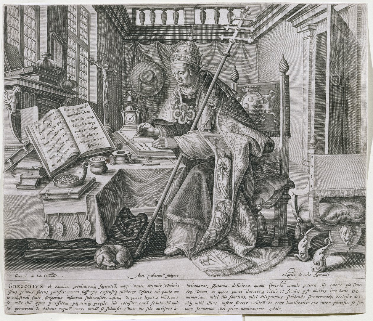Papež Řehoř I. Veliký (asi 540-604) ve své Studii ze série zobrazující čtyři „otce církve“, vyryl Anton Wierix (asi 1552-1624) pub. od Gerarda de Jode, kolem roku 1580 od Maarten de Vos