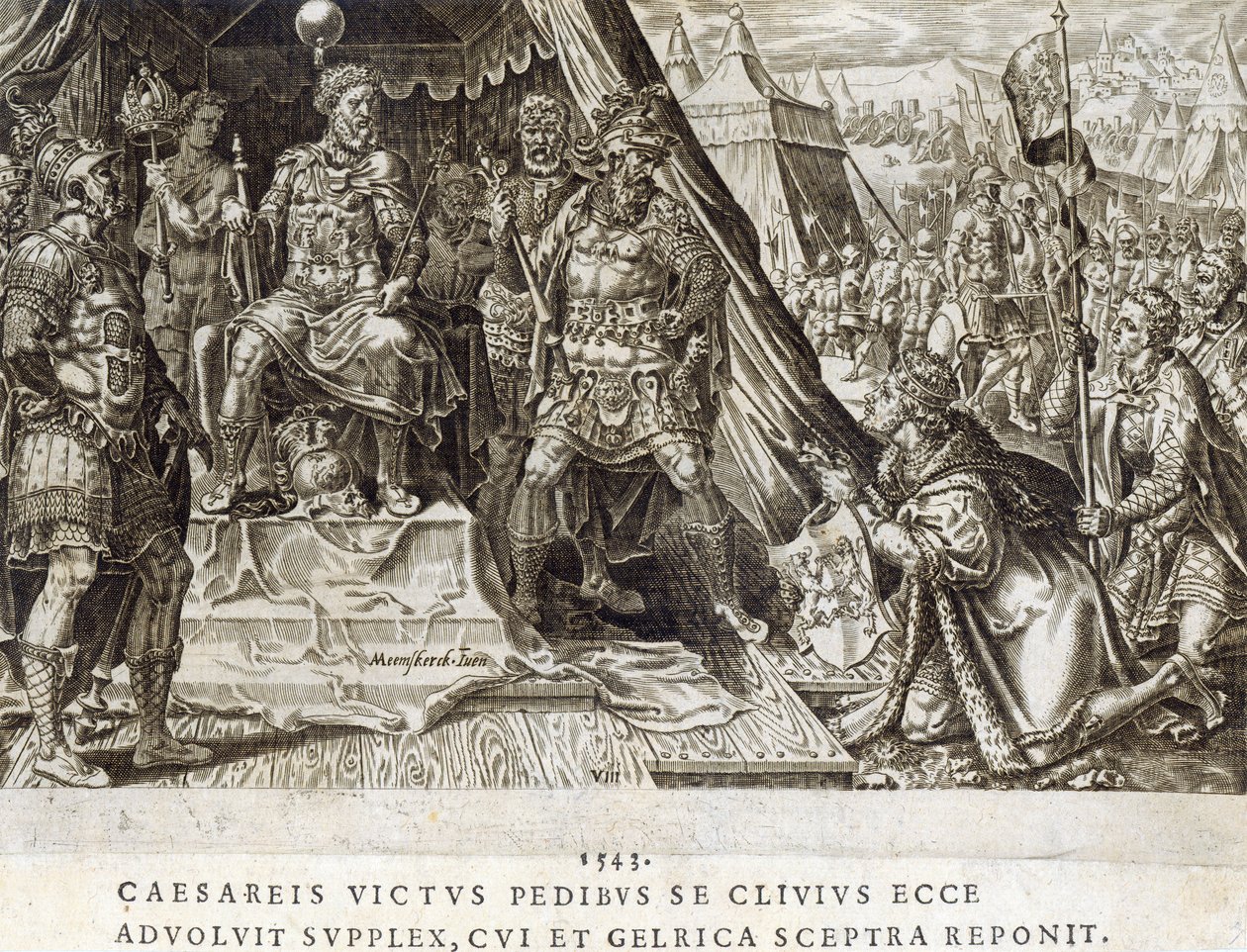 Podání Viléma II., vévody z Cleves, v roce 1543, deska 8 z „The Military Achievements of Emperor Charles V“, ryl Dirk Volkertsz Coornhert (1522-90), 1555 (rytina a lept) od Maarten van Heemskerck