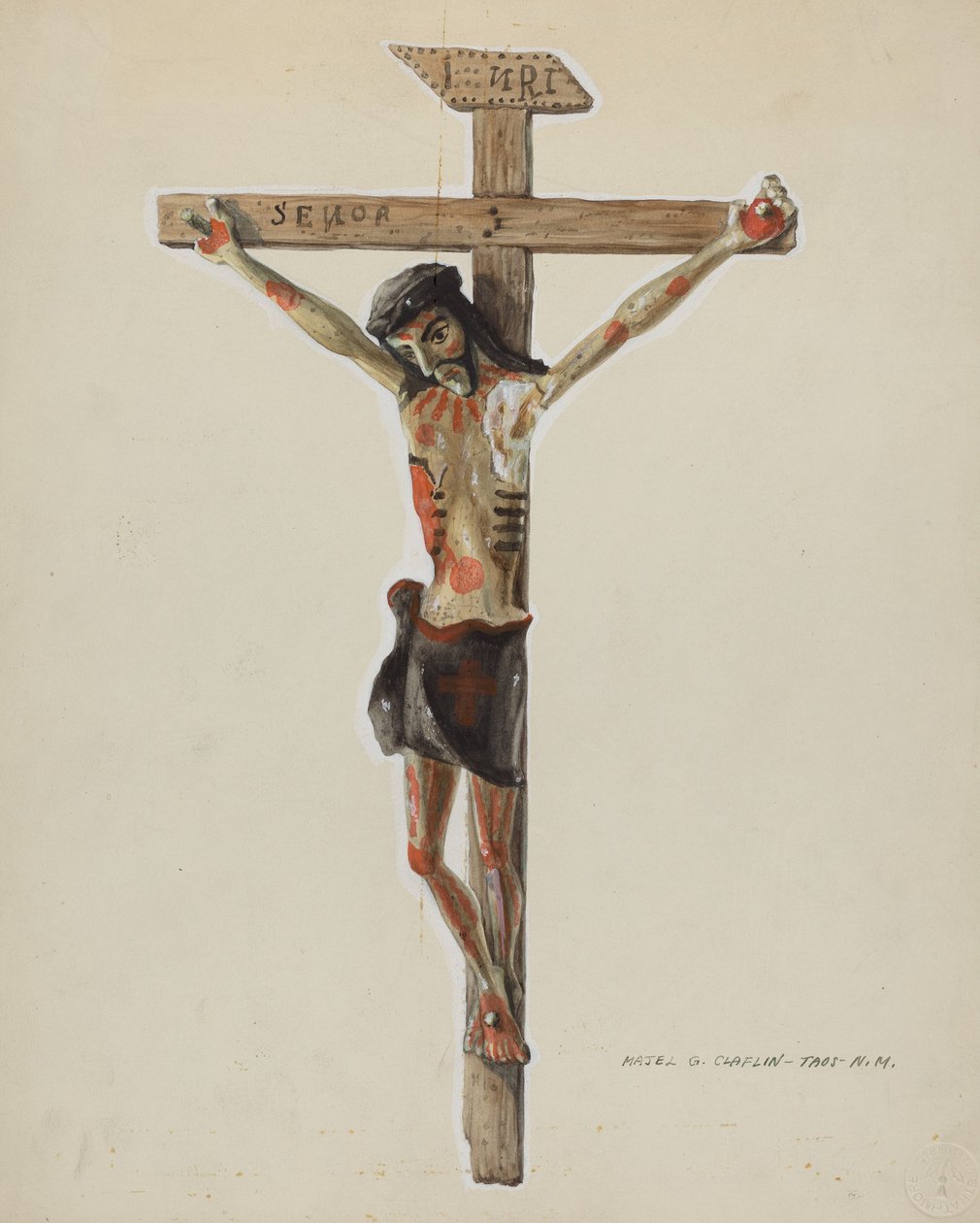 Malovaný dřevěný krucifix, c. 1939. od Majel G. Claflin