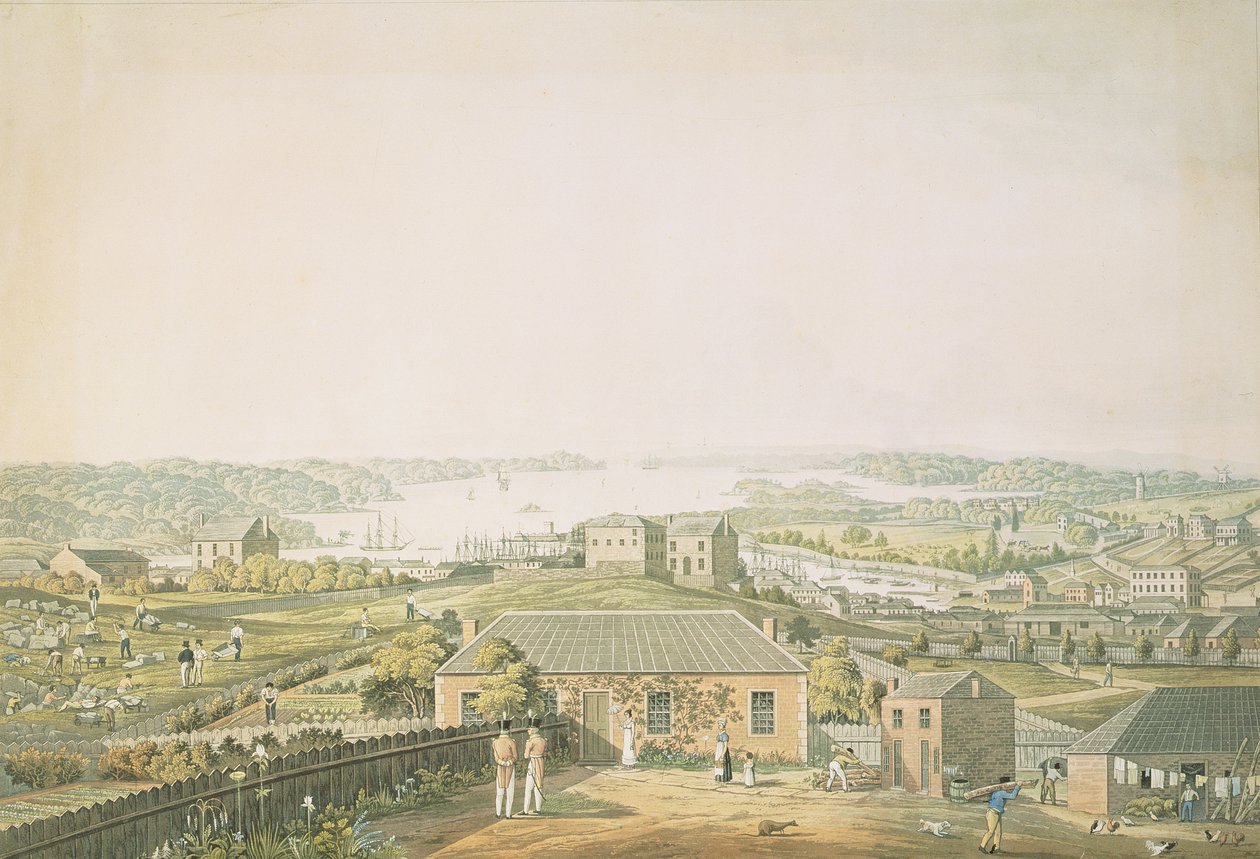 Vstup do Port Jackson a část města Sydney v Novém Jižním Walesu, levá část panoramatického pohledu, c.1821 (akvatinta) od Major James Taylor